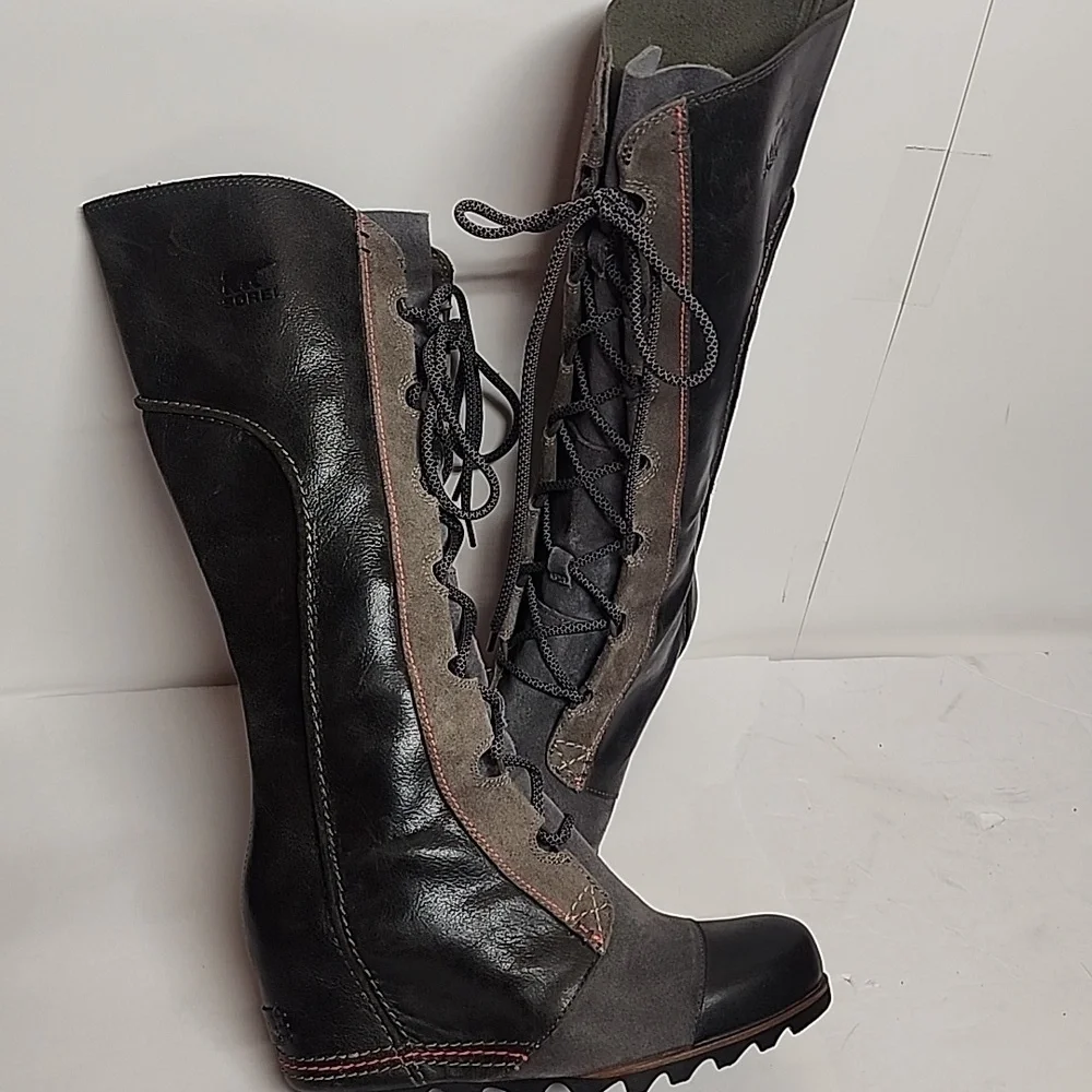 Sorel Cate The Great Sz8.5  Black Gray Olive Lace-up Tall 3.5 Hidden Wedge Boots - Picture 3 of 12